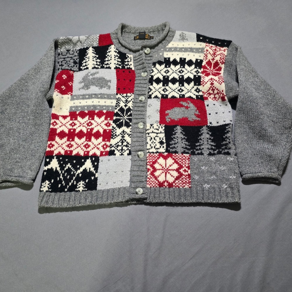 Eddie Bauer Cardigan Women L Gray Wool Patchwork Rabbit Tree Snowflake Vintage